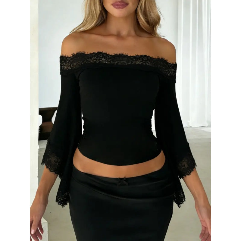 Off Shoulder Lace Flare Sleeve Top