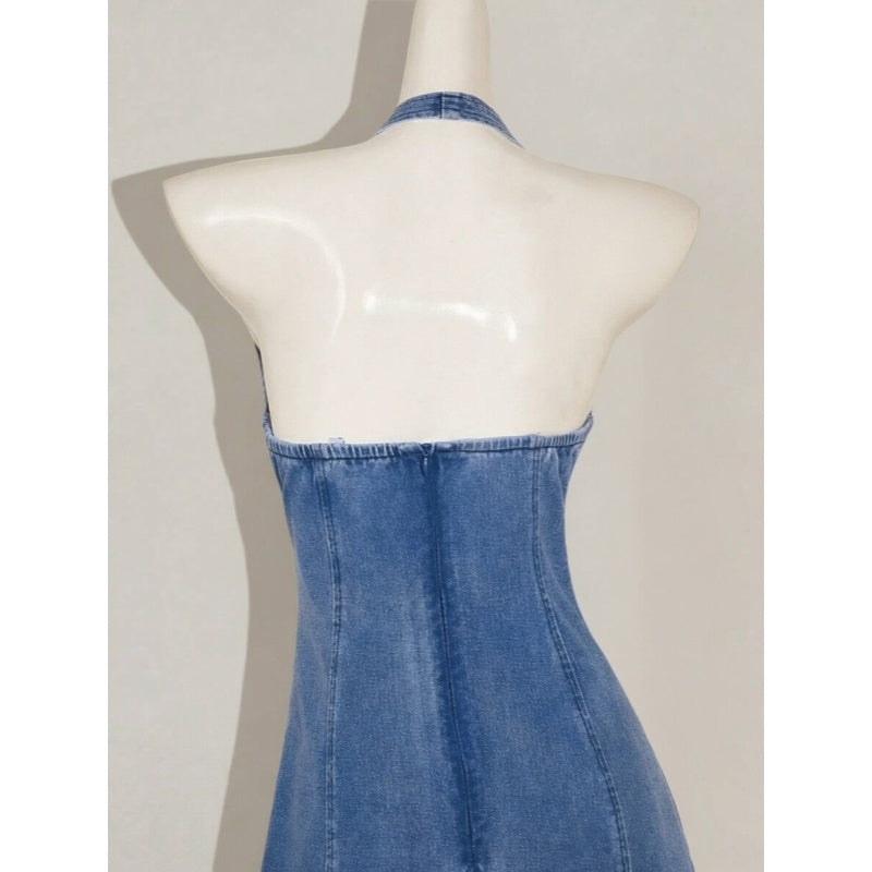 Lace Trim Halter Denim Mini Dress