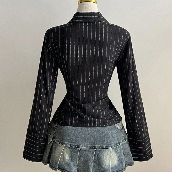 Ladies Striped Button Front Slim Blouse