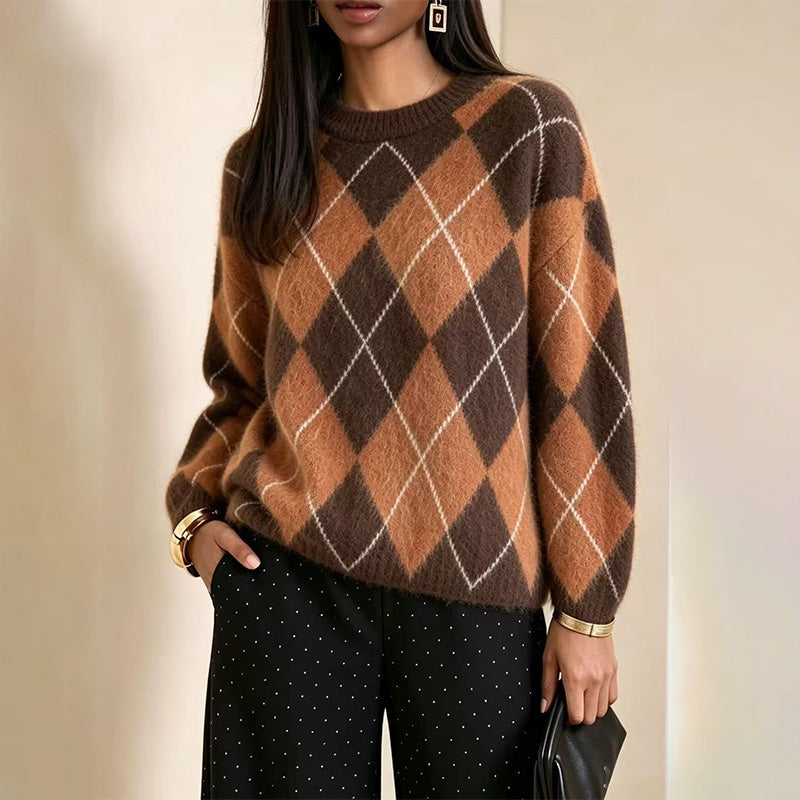 Warm Plaid Diamond Knit Casual Sweater