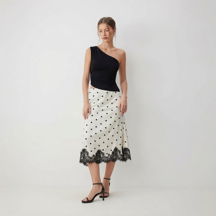 Polka Dot Lace Trim Midi Skirt
