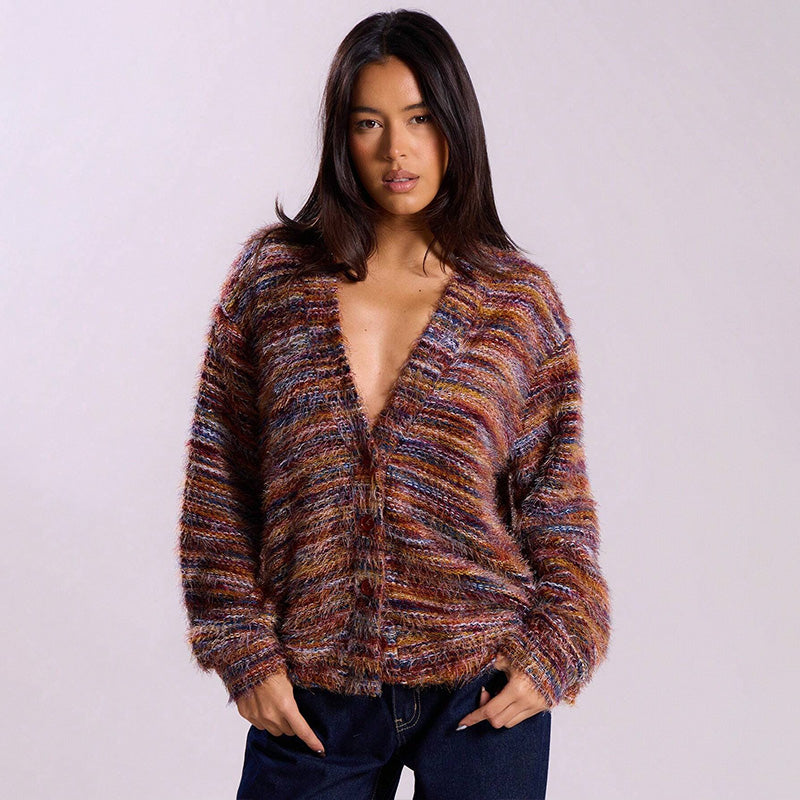 Vintage V Neck Fuzzy Knit Cardigan