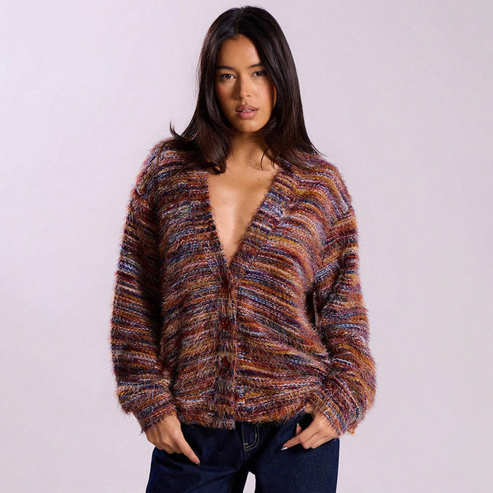 Vintage V Neck Fuzzy Knit Cardigan