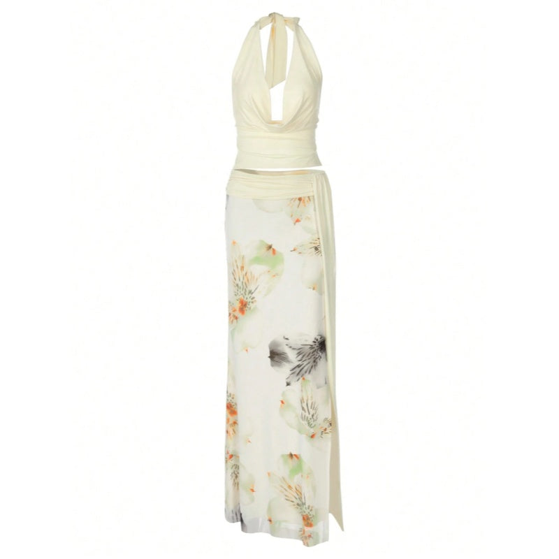 Floral Halter Maxi Skirt Set