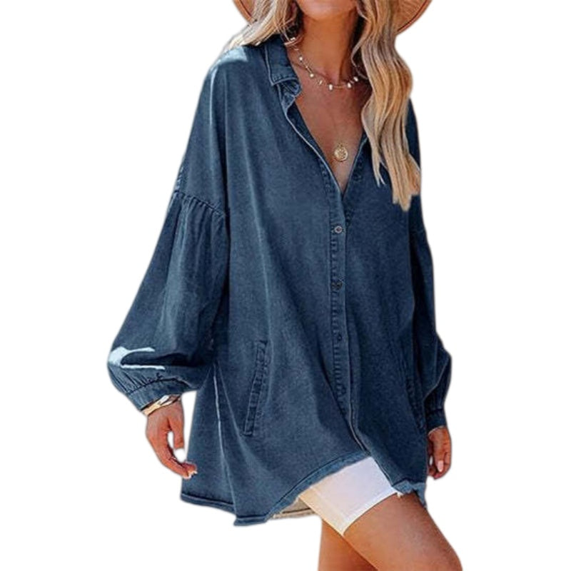 Loose Frayed Hem Denim Shirt Women