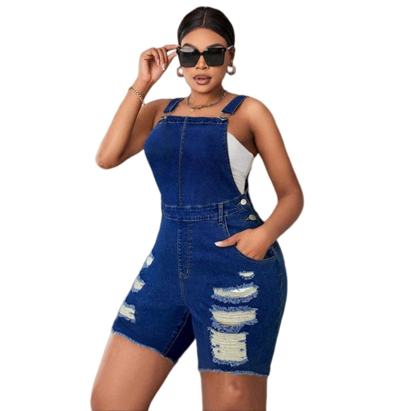 Plus Size Distressed Denim Overall Shorts