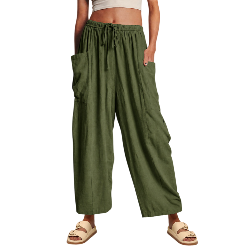 Pleated Mid Rise Elastic Waist Cropped Pants