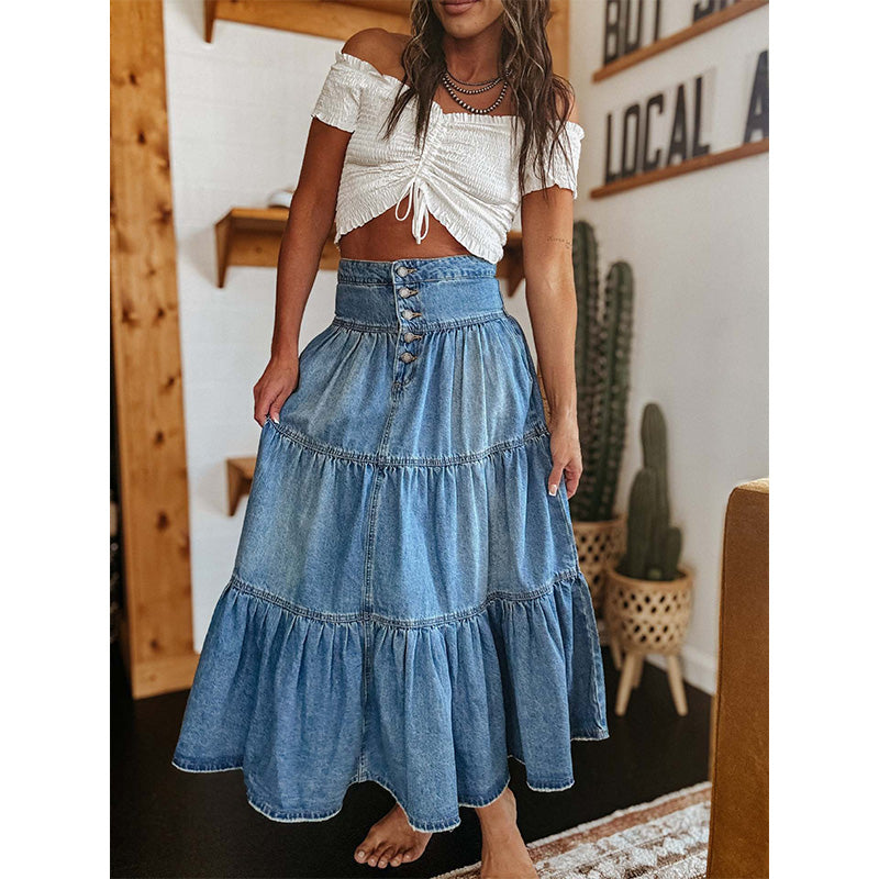 Tiered Ruffle Denim Skirt Boho Style