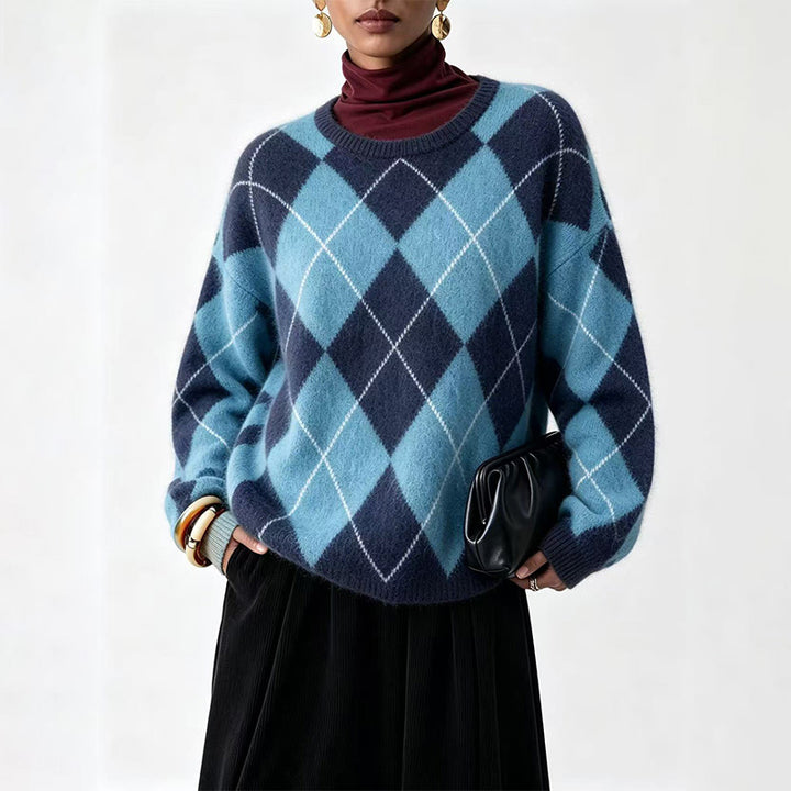 Warm Plaid Diamond Knit Casual Sweater