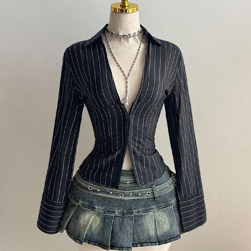 Ladies Striped Button Front Slim Blouse