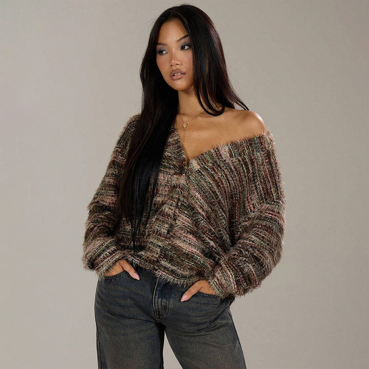 Vintage V Neck Fuzzy Knit Cardigan