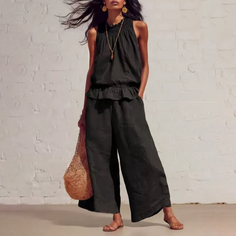 Ladies Casual High Neck Wide Leg Set