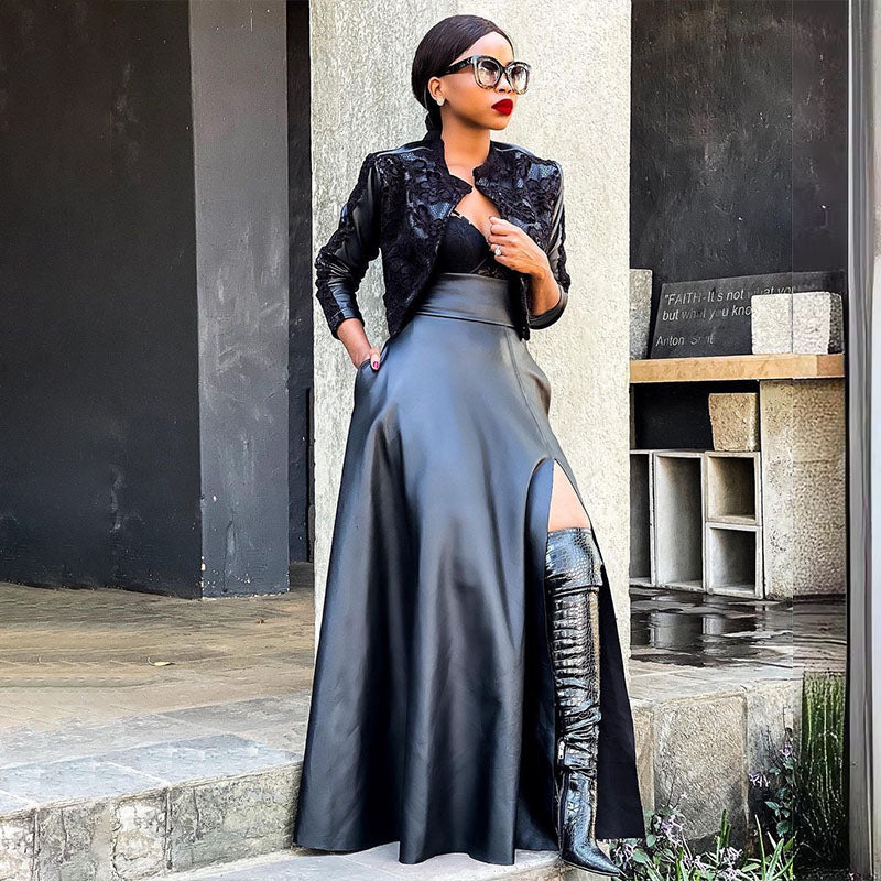 Faux Leather High Slit Midi Skirt