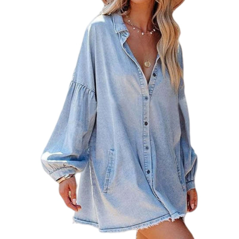 Loose Frayed Hem Denim Shirt Women