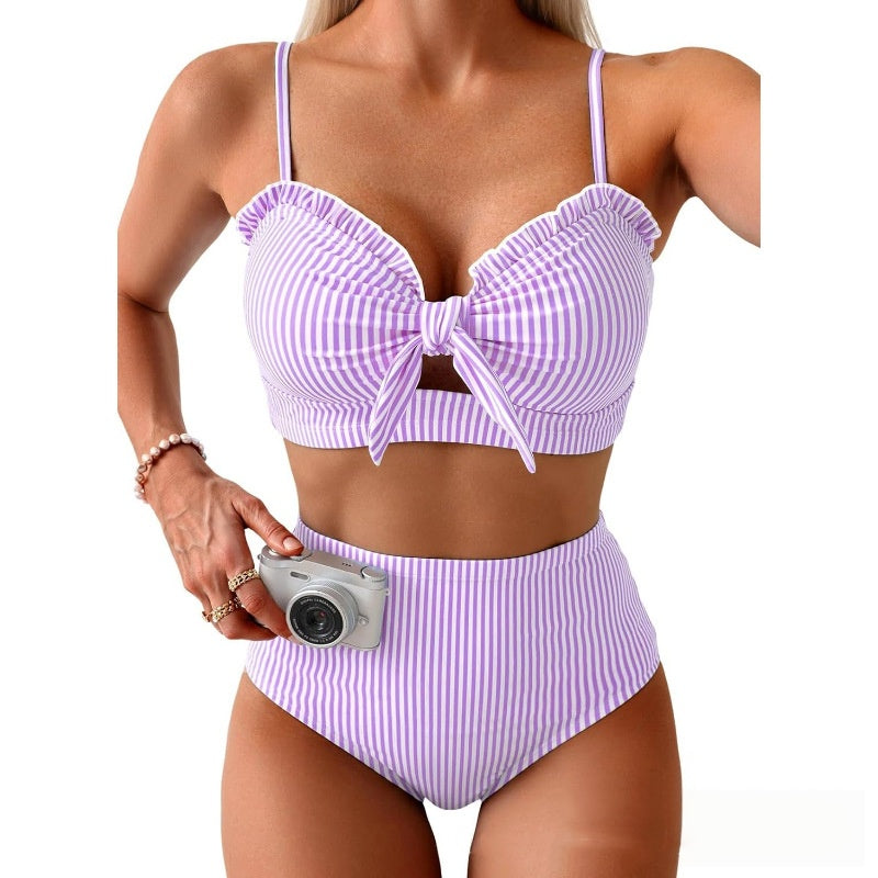 Striped Print Tie Front Bikini Set