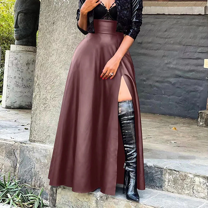 Faux Leather High Slit Midi Skirt