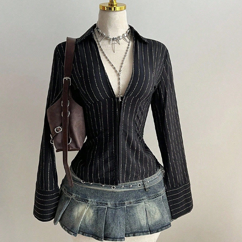 Ladies Striped Button Front Slim Blouse