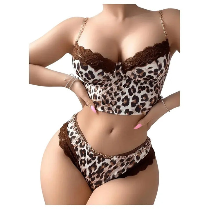 Leopard Lace Chain Bra Panty Set