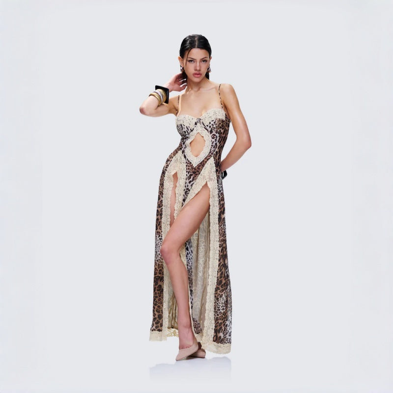 Leopard Lace Trim Slit Bodycon Dress