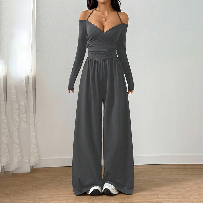 Solid Color Halter V Neck Jumpsuit