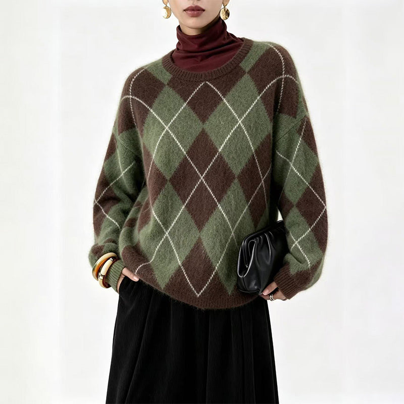 Warm Plaid Diamond Knit Casual Sweater