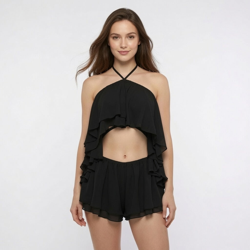Sexy Solid Halter Lace Backless Set