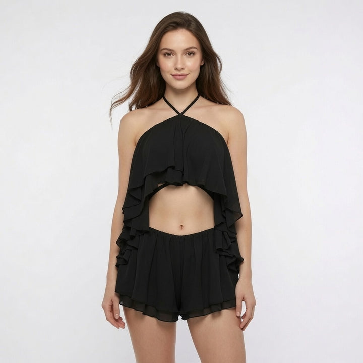Sexy Solid Halter Lace Backless Set