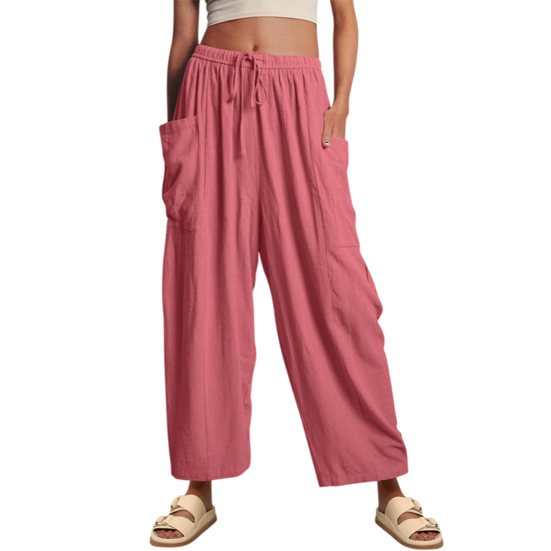 Pleated Mid Rise Elastic Waist Cropped Pants