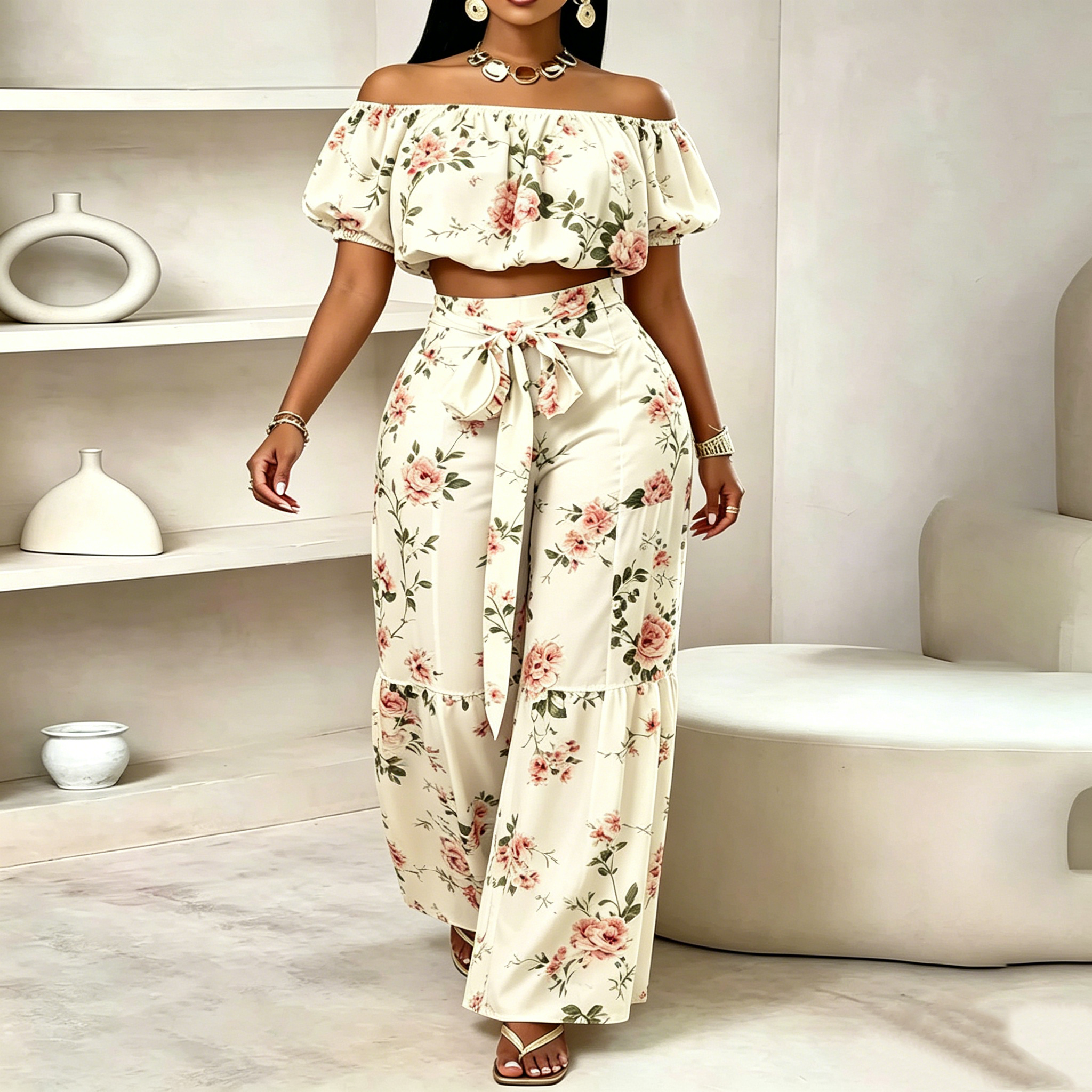 Paisley Off-Shoulder Wide-Leg Set