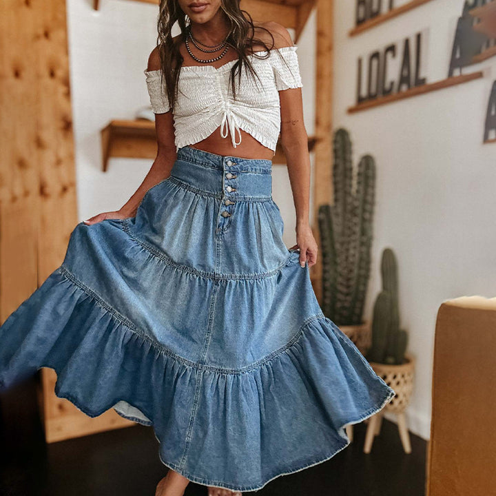 Tiered Ruffle Denim Skirt Boho Style