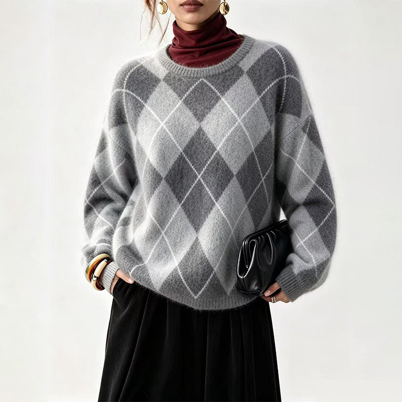 Warm Plaid Diamond Knit Casual Sweater