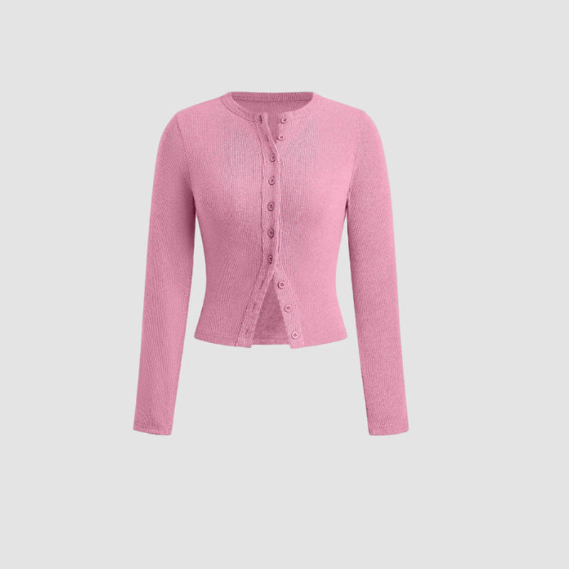 Solid Color Crew Neck Cropped Cardigan