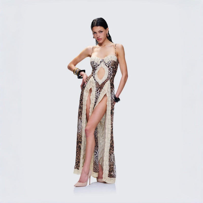 Leopard Lace Trim Slit Bodycon Dress
