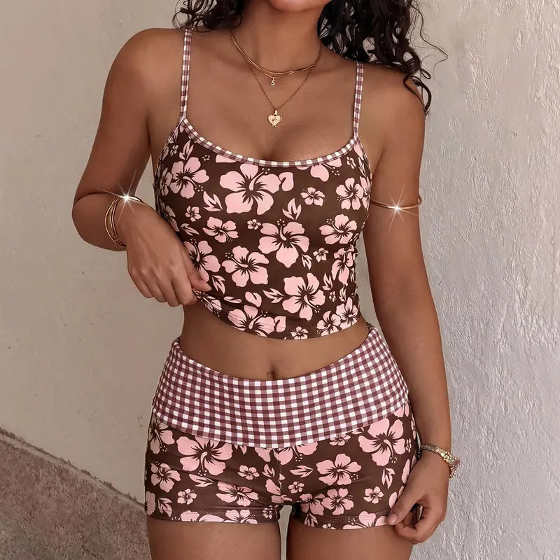 Sexy Floral Cami Shorts Bikini Set