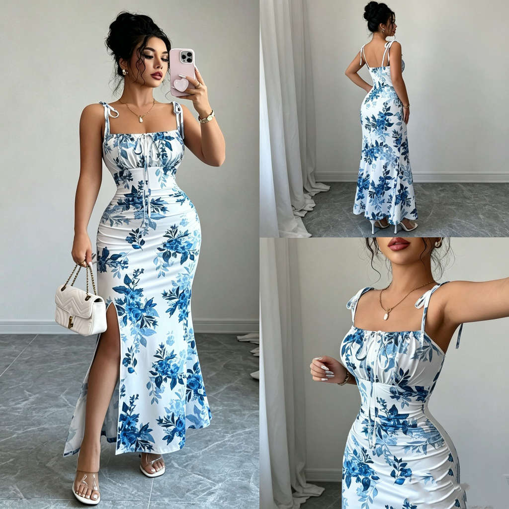Printed Spaghetti Strap Slit Dress