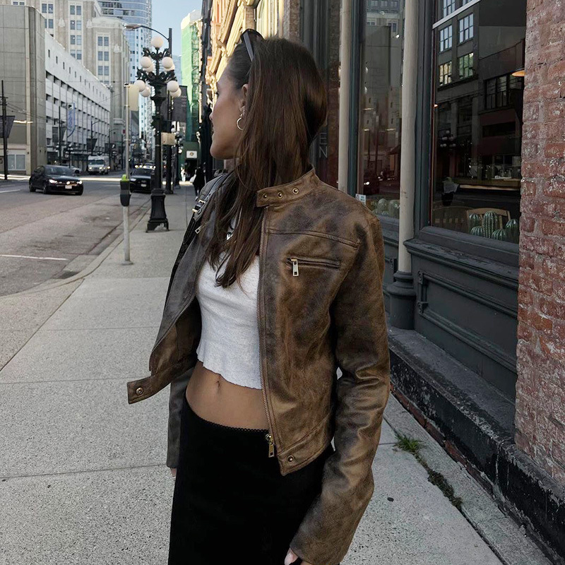 Vintage Distressed PU Cropped Jacket