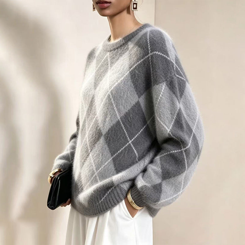 Warm Plaid Diamond Knit Casual Sweater
