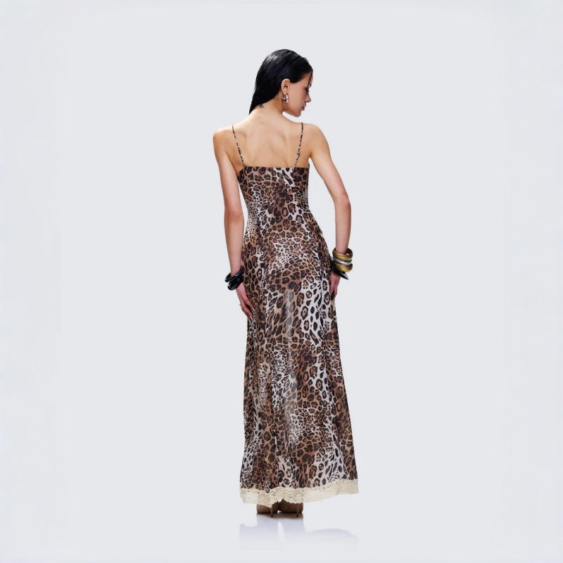 Leopard Lace Trim Slit Bodycon Dress