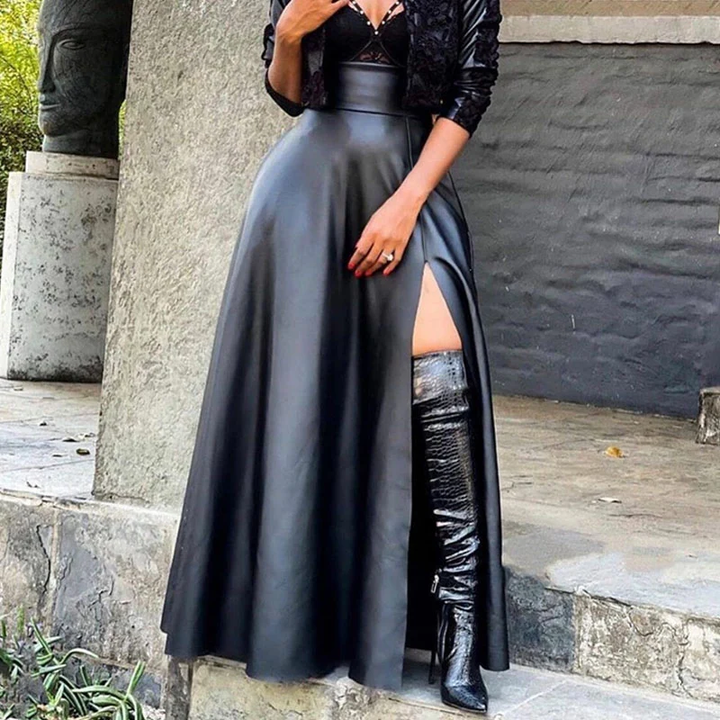 Faux Leather High Slit Midi Skirt