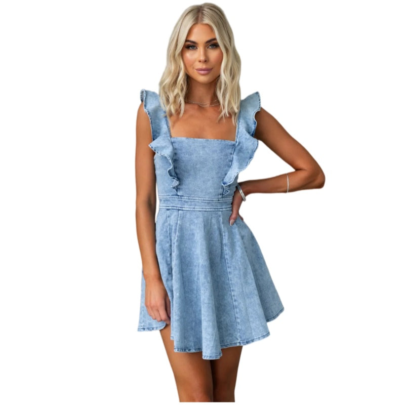 Summer Backless Denim Babydoll Dress