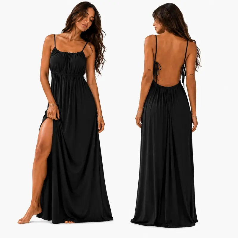 French Drawstring Loose Cami Maxi Dress