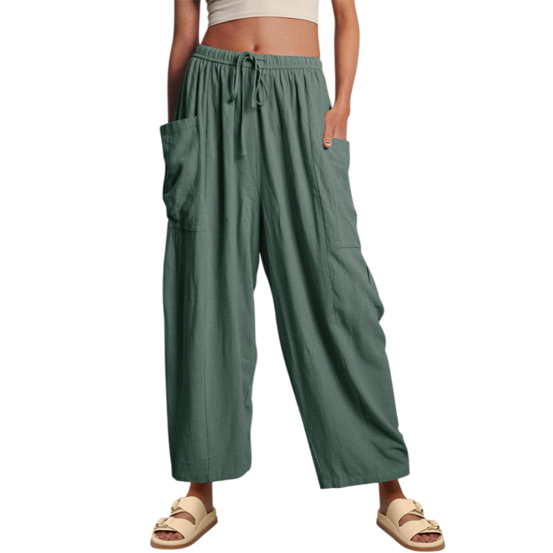 Pleated Mid Rise Elastic Waist Cropped Pants