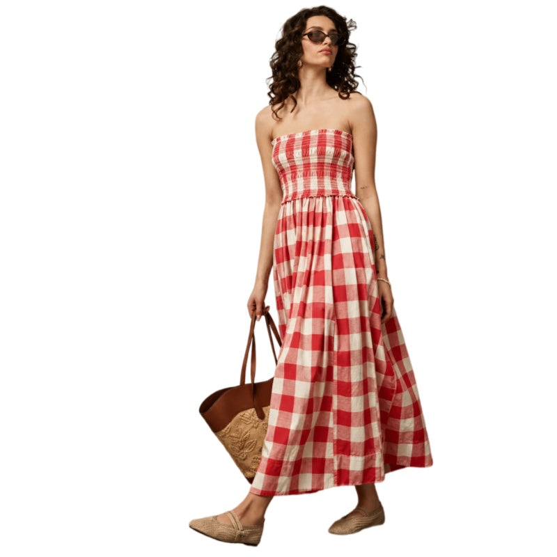 Plaid Strapless Smocked Vacation Dress