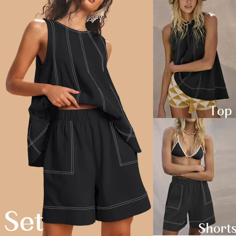 Linen Look Tank Wide Leg Shorts Set