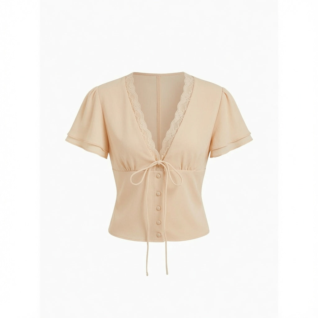 Lace Trim Tie Front Crop Top