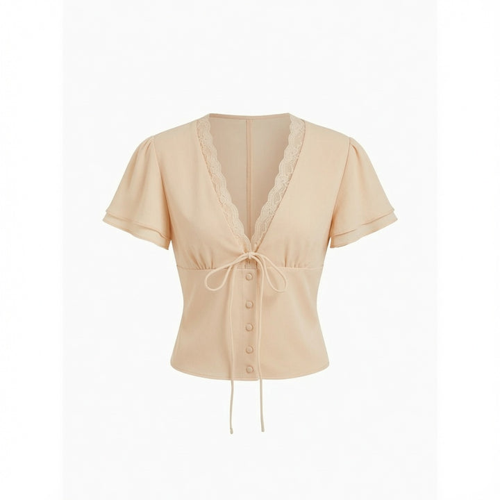 Lace Trim Tie Front Crop Top