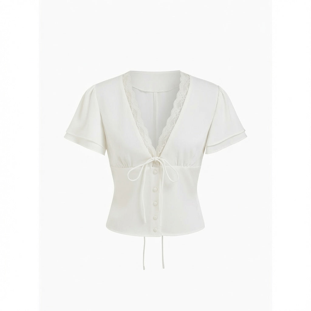 Lace Trim Tie Front Crop Top