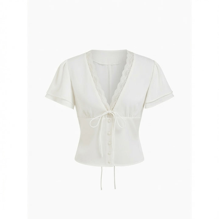 Lace Trim Tie Front Crop Top