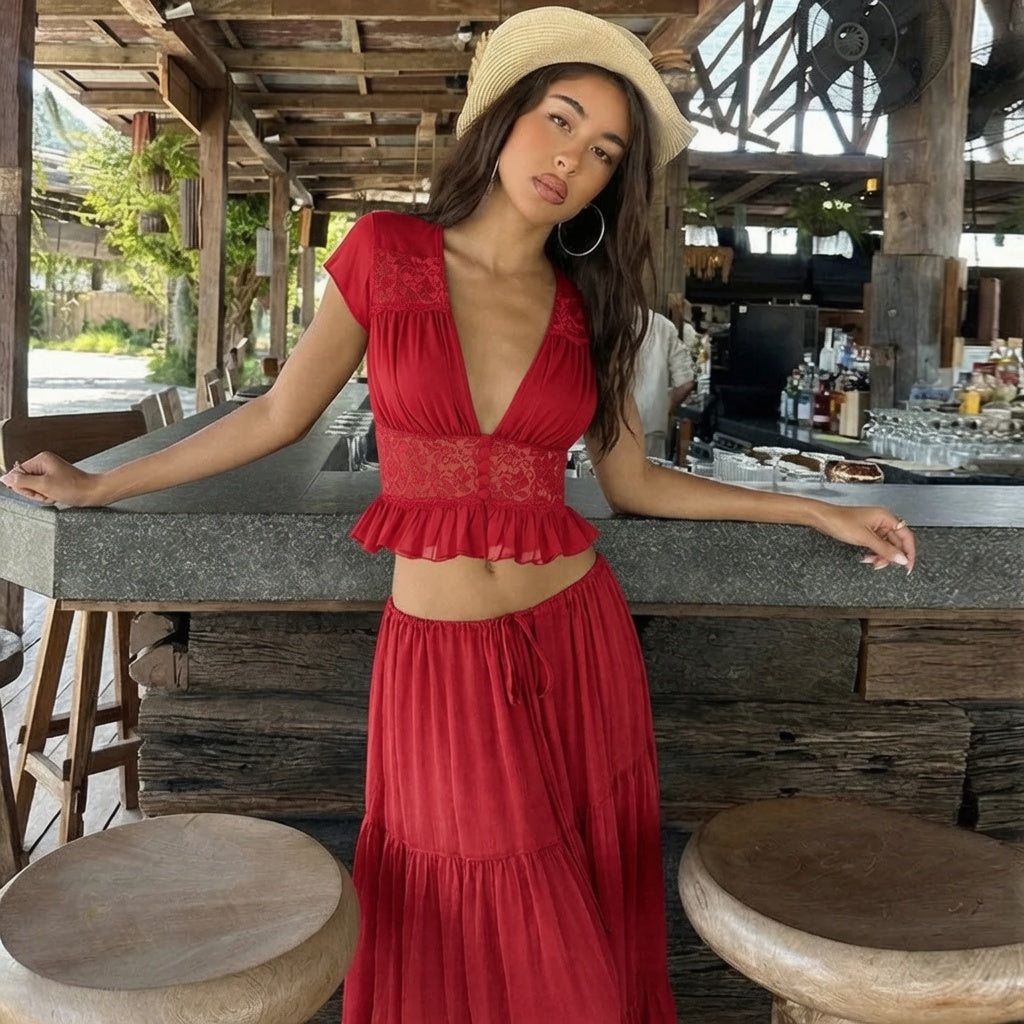 French Sheer Lace Chiffon Tie Maxi Dress
