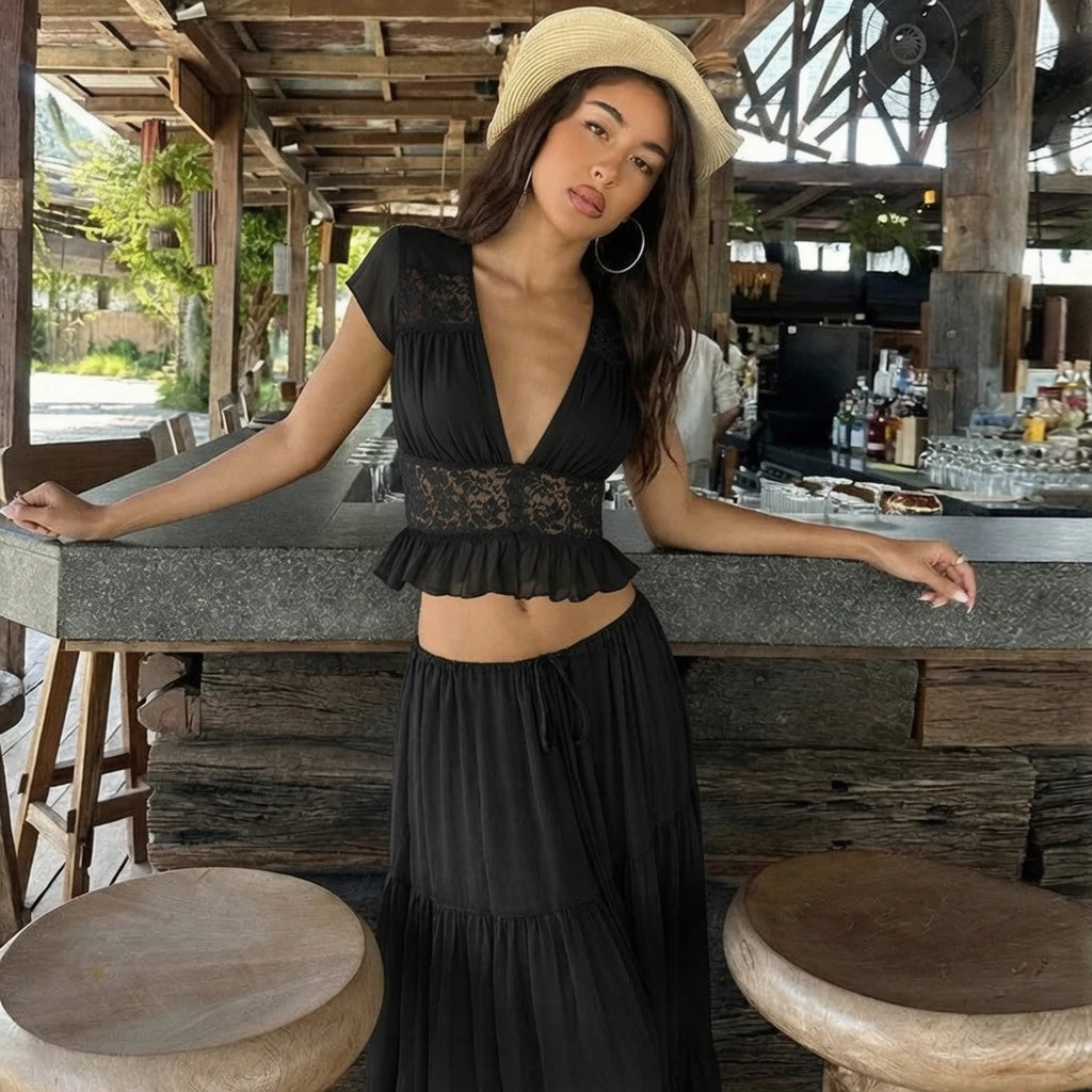 French Sheer Lace Chiffon Tie Maxi Dress